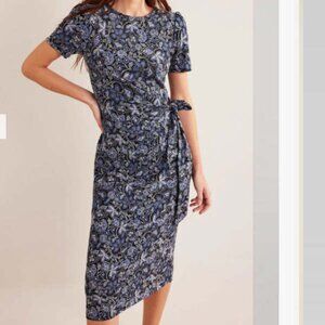 Boden Knot Front Jersey Midi Dress Blue White US 4 P 4P